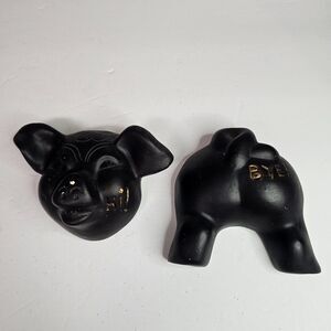 Vintage Chalkware Black Pig Wall Hangings Hi Bye Midcentury Art 5"